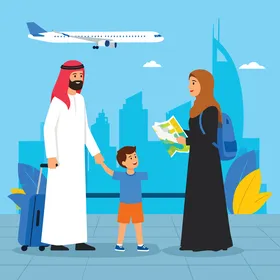 فيكتور كرتوني أسرة خليجية عربية سعودية مسلمة تنطلق في رحلة دولية، تلتقط الذكريات بكاميرة خلفية من العمارة الإسلامية المميزة وطائرة في السماء، الوحدة وأجواء العائلة، الترابط الأسري، فيكتور اليستريتور