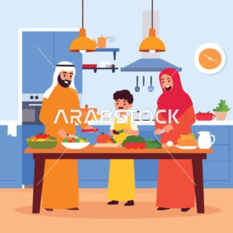 فيكتور كرتوني أسرة خليجية عربية سعودية سعيدة تعد وجبة شهية في مطبخ عصري، الوحدة وأجواء العائلة، الترابط الأسري، فيكتور اليستريتور