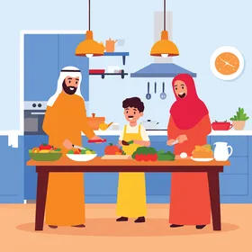 فيكتور كرتوني أسرة خليجية عربية سعودية سعيدة تعد وجبة شهية في مطبخ عصري، الوحدة وأجواء العائلة، الترابط الأسري، فيكتور اليستريتور