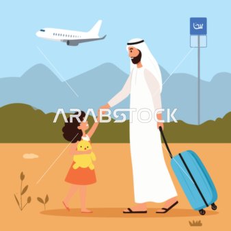 A cartoon vector of a Gulf Arab Saudi father and his daughter enjoying traveling with family members, the unity and atmosphere of family, family bonding, vector illustrator.
