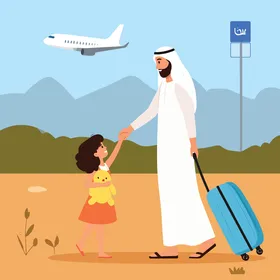 A cartoon vector of a Gulf Arab Saudi father and his daughter enjoying traveling with family members, the unity and atmosphere of family, family bonding, vector illustrator.