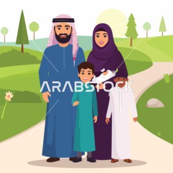 A cartoon vector of a happy Saudi Arabian Muslim Gulf family taking a group photo in traditional clothing, unity and family atmosphere, family bonding, vector illustrator.