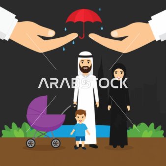 فيكتور كرتوني أسرة خليجية عربية سعودية توضيح لمفهوم حماية الأسرة تحت مظلة الرعاية والأمان، الوحدة وأجواء العائلة، الترابط الأسري، فيكتور اليستريتور