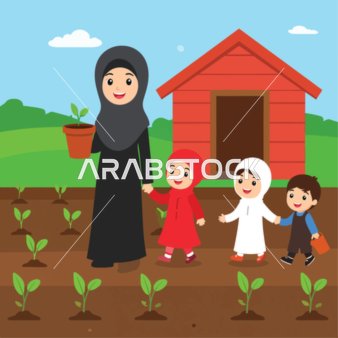 Cartoon vector of a mother and her Gulf Arab Saudi children enjoying a day at the park with family members, unity and family atmosphere, family bonding, vector illustrator.