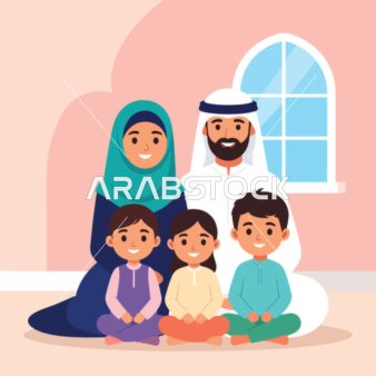 A Happy Muslim Family Poses Together in Traditional Attire