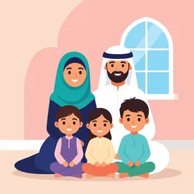 A Happy Muslim Family Poses Together in Traditional Attire