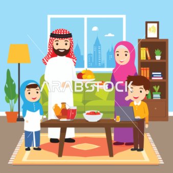 فيكتور كرتوني أم وأب وأطفالهم خليجيين عربيين سعوديين تتناول وجبة معًا في غرفة معيشتهم، الوحدة وأجواء العائلة، الترابط الأسري، فيكتور اليستريتور