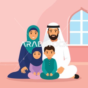 فيكتور كرتوني أسرة خليجية عربية سعودية مسلمة سعيدة  تجلس تلتقط صورة جماعية بالملابس التقليدية، الوحدة وأجواء العائلة، الترابط الأسري، فيكتور اليستريتور
