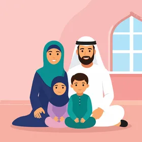 فيكتور كرتوني أسرة خليجية عربية سعودية مسلمة سعيدة  تجلس تلتقط صورة جماعية بالملابس التقليدية، الوحدة وأجواء العائلة، الترابط الأسري، فيكتور اليستريتور