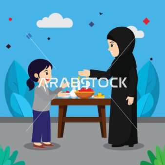 Cartoon vector of a mother and her daughter, Gulf Arab Saudis, where the mother is preparing a meal for her daughter with the aim of unity and traditions, family atmosphere, family bonding, vector illustrator.