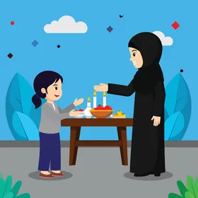 Cartoon vector of a mother and her daughter, Gulf Arab Saudis, where the mother is preparing a meal for her daughter with the aim of unity and traditions, family atmosphere, family bonding, vector illustrator.