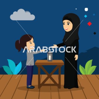 A cartoon vector of a Gulf Arab Saudi mother and her daughter. The mother gifts her daughter a lantern on the occasion of the blessed month of Ramadan, highlighting unity and family atmosphere, family bonding, vector illustrator.