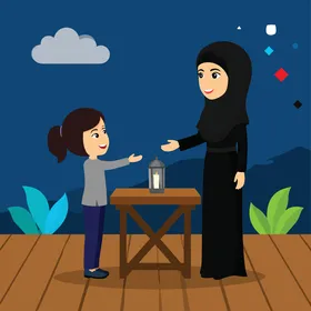 A cartoon vector of a Gulf Arab Saudi mother and her daughter. The mother gifts her daughter a lantern on the occasion of the blessed month of Ramadan, highlighting unity and family atmosphere, family bonding, vector illustrator.