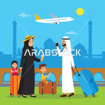 A Muslim family embarks on an exciting international journey, capturing memories with their camera against a backdrop of iconic Islamic architecture and a soaring airplane.