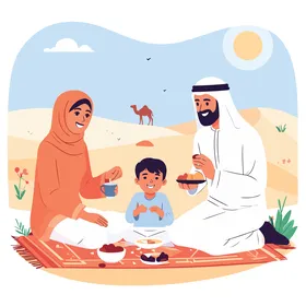A happy Muslim family enjoying a desert picnic with dates and tea under the warm sun.