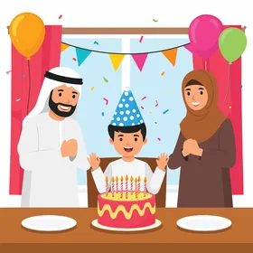 Cartoon vector of a Gulf Arab Saudi family celebrating a joyful family occasion, a little boy's birthday with a cake and balloons, unity and family atmosphere, family bonding, vector illustrator.