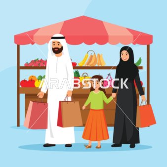 A cartoon vector of a modern Saudi Arabian Gulf family on a shopping trip inside the market, selecting fresh products, unity and family atmosphere, family bonding, vector illustrator.