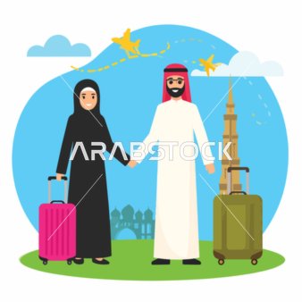 A Muslim couple holding hands with their luggage, ready for an exciting journey abroad.