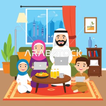 فيكتور كرتوني أسرة خليجية عربية سعودية عصرية تستخدم التكنولوجيا في غرفة المعيشة، الوحدة وأجواء العائلة في المنزل، الترابط الأسري، فيكتور اليستريتور