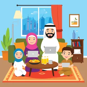 فيكتور كرتوني أسرة خليجية عربية سعودية عصرية تستخدم التكنولوجيا في غرفة المعيشة، الوحدة وأجواء العائلة في المنزل، الترابط الأسري، فيكتور اليستريتور