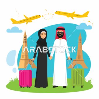 A cartoon vector of an Arab couple embarking on a romantic trip to Paris with luggage and planes in the sky, vector illustrator.