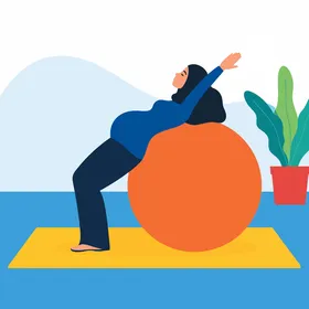 فيكتور كرتوني امرأة حامل تمارس تمارين لطيفة باستخدام كرة اللياقة البدنية لتقوية الجذع والمرونة، فيكتور اليستريتور