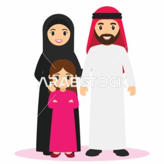 فيكتور كرتوني أسرة خليجية عربية سعودية مسلمة سعيدة تلتقط صورة جماعية بالملابس التقليدية، الوحدة وأجواء العائلة، الترابط الأسري، فيكتور اليستريتور