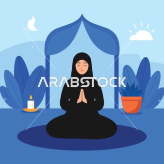 فيكتور كرتوني امرأة مسلمة محجبة وترتدي عباءة هادئة منخرطة في تأمل وصلاة سلمية، فيكتور اليستريتور
