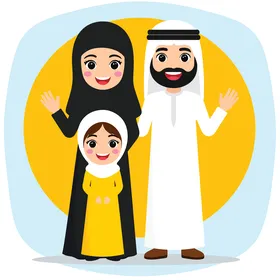 فيكتور كرتوني أسرة خليجية عربية سعودية مسلمة سعيدة تلتقط صورة جماعية بالملابس التقليدية، الوحدة وأجواء العائلة، الترابط الأسري، فيكتور اليستريتور