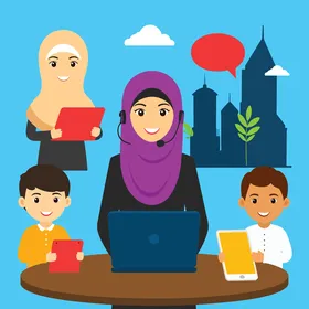 Cartoon vector empowering Muslim women in the digital age through technology and education, vector illustrator.