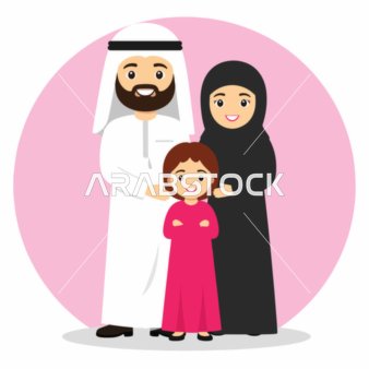 A cartoon vector of a happy Saudi Arabian Muslim Gulf family taking a group photo in traditional clothing, unity and family atmosphere, family bonding, vector illustrator.