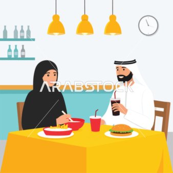 A cartoon vector of a Muslim couple enjoying a meal together in a restaurant, sharing a delightful dining experience, vector illustrator.