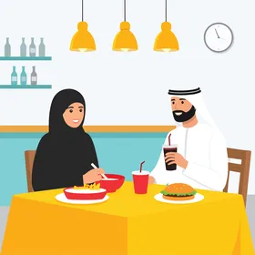 A cartoon vector of a Muslim couple enjoying a meal together in a restaurant, sharing a delightful dining experience, vector illustrator.