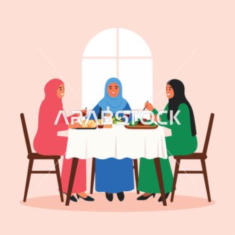 A cartoon vector of three Muslim women enjoying a delicious meal together, exchanging laughter and conversations around an elegantly set table, vector illustrator.