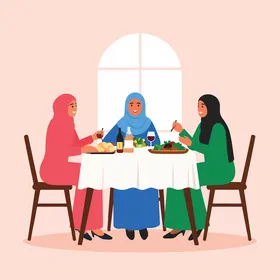 A cartoon vector of three Muslim women enjoying a delicious meal together, exchanging laughter and conversations around an elegantly set table, vector illustrator.