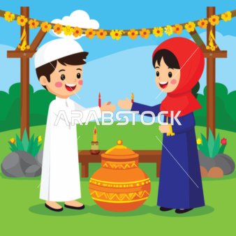 Cartoon vector of two Gulf Arab Saudi children celebrating the Islamic culture joyfully. Children lighting candles, unity and family atmosphere, family bonding, vector illustrator.