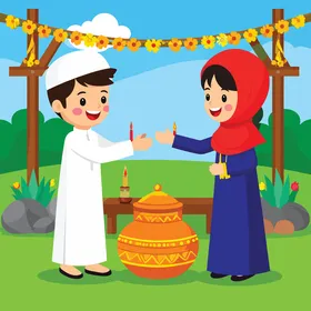 Cartoon vector of two Gulf Arab Saudi children celebrating the Islamic culture joyfully. Children lighting candles, unity and family atmosphere, family bonding, vector illustrator.