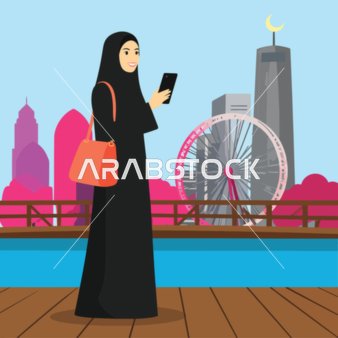 A cartoon vector of a Muslim woman wearing a hijab standing on a wooden sidewalk, looking at her smartphone with a Ferris wheel and the city skyline in the background, vector illustrator.