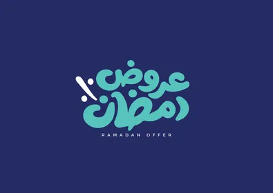 Islamic studies and worship, a phrase for Ramadan offers with a 100% indication in English and Arabic in blue color, Arabic fonts, religious occasions, navy blue background, vector illustrator.