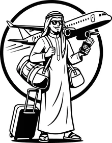 فيكتور كرتوني لشخصيات ، رجل خليجي عربي سعودي يرتدي الزي التقليدي في المطار يستعد للسفر مع امتعة وجواز سفر ،   فيكتور اليستريتور .