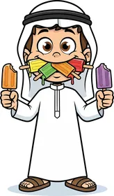 فيكتور كرتوني لشخصيات ، طفل عربي خليجي اماراتي يرتدي الزي التقليدي  يأكل مصاصات مثلجة ملونة، قضاء أوقات مفضلة، فيكتور اليستريتور .