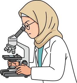 Cartoon vector of characters, a Gulf Arab Saudi woman scientist wearing a hijab and abaya using a microscope, vector illustrator.