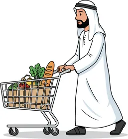 Cartoon vector of characters, a Gulf Arab Saudi man wearing traditional attire pushing a shopping cart full of groceries, vector illustrator.