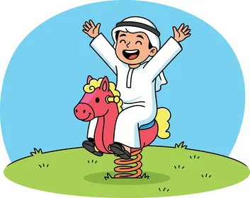 A cartoon vector of characters, an Emirati Gulf Arab child wearing traditional attire playing on a plastic horse inside a garden, with a blue background, enjoying favorite times, vector illustrator.