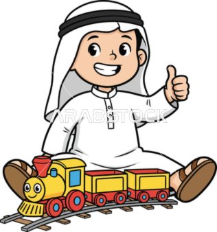 Cartoon vector of characters, a happy Emirati Gulf Arab child playing with a train toy, spending favorite times, vector illustrator.