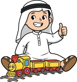 Cartoon vector of characters, a happy Emirati Gulf Arab child playing with a train toy, spending favorite times, vector illustrator.