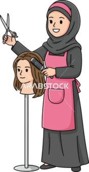 Muslim Female Hairdresser Training with Mannequin Head