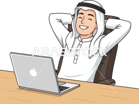 فيكتور كرتوني لشخصيات ، رجل أعمال عربي سعيد يعمل على جهاز كمبيوتر محمول ، انهاء المهام عن بعد، فيكتور اليستريتور .