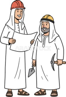فيكتور كرتوني لشخصيات ،فريق خليجي عربي سعودي يرتدون الزي التقليدي  المهندسين والإنشاءات العرب،   فيكتور اليستريتور .