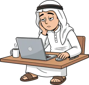 Cartoon vector of characters, a tired Arab businessman working on a laptop, vector illustrator.